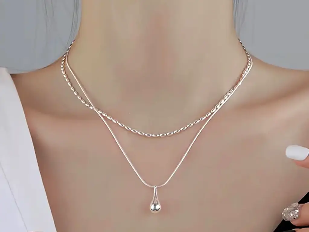 Collar elegante dije en lágrima y cadena doble tipo serpiente plata 925